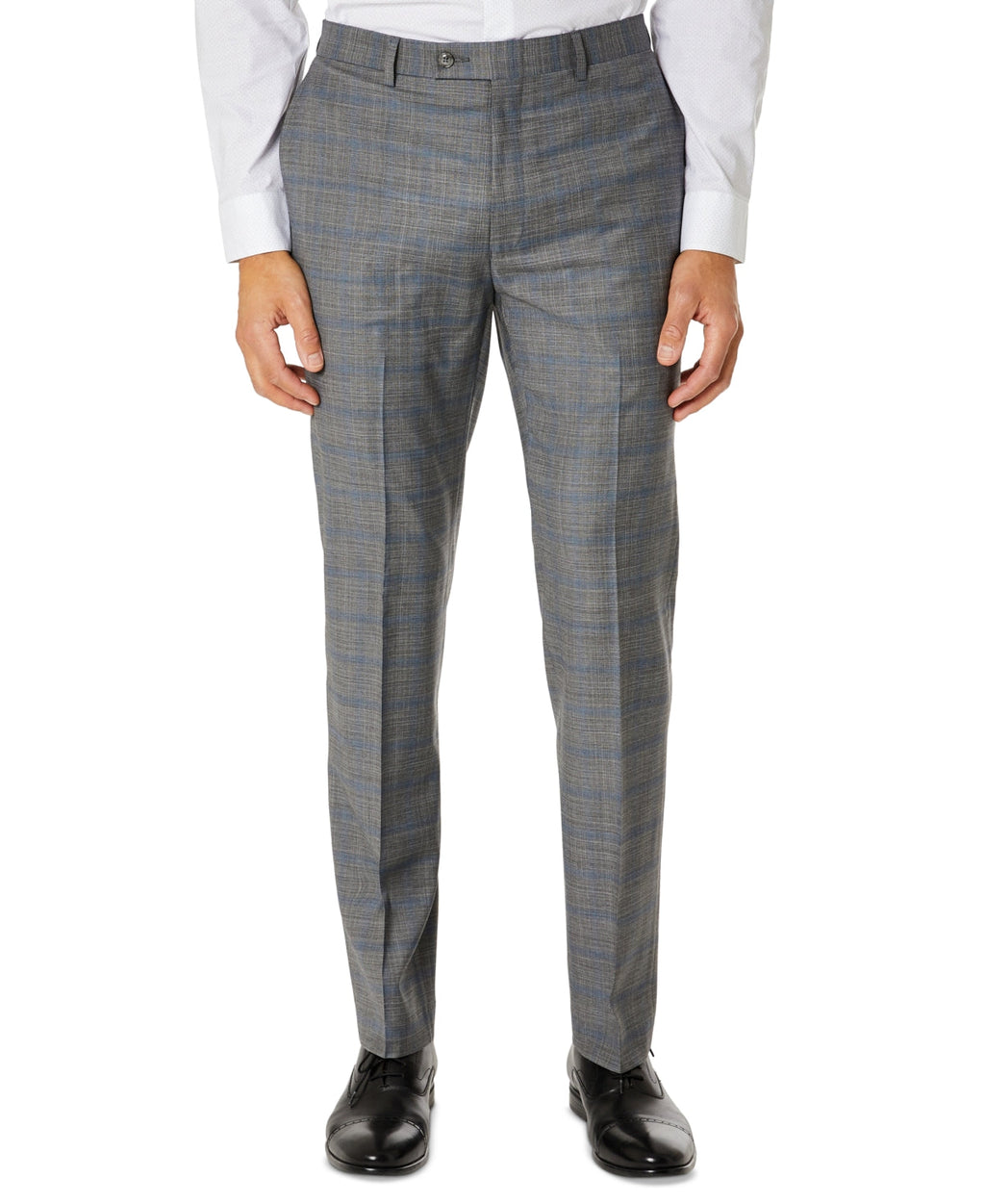Men's slim-fit plaid suit pants, gray-blue grid pattern, belt loops and front crease