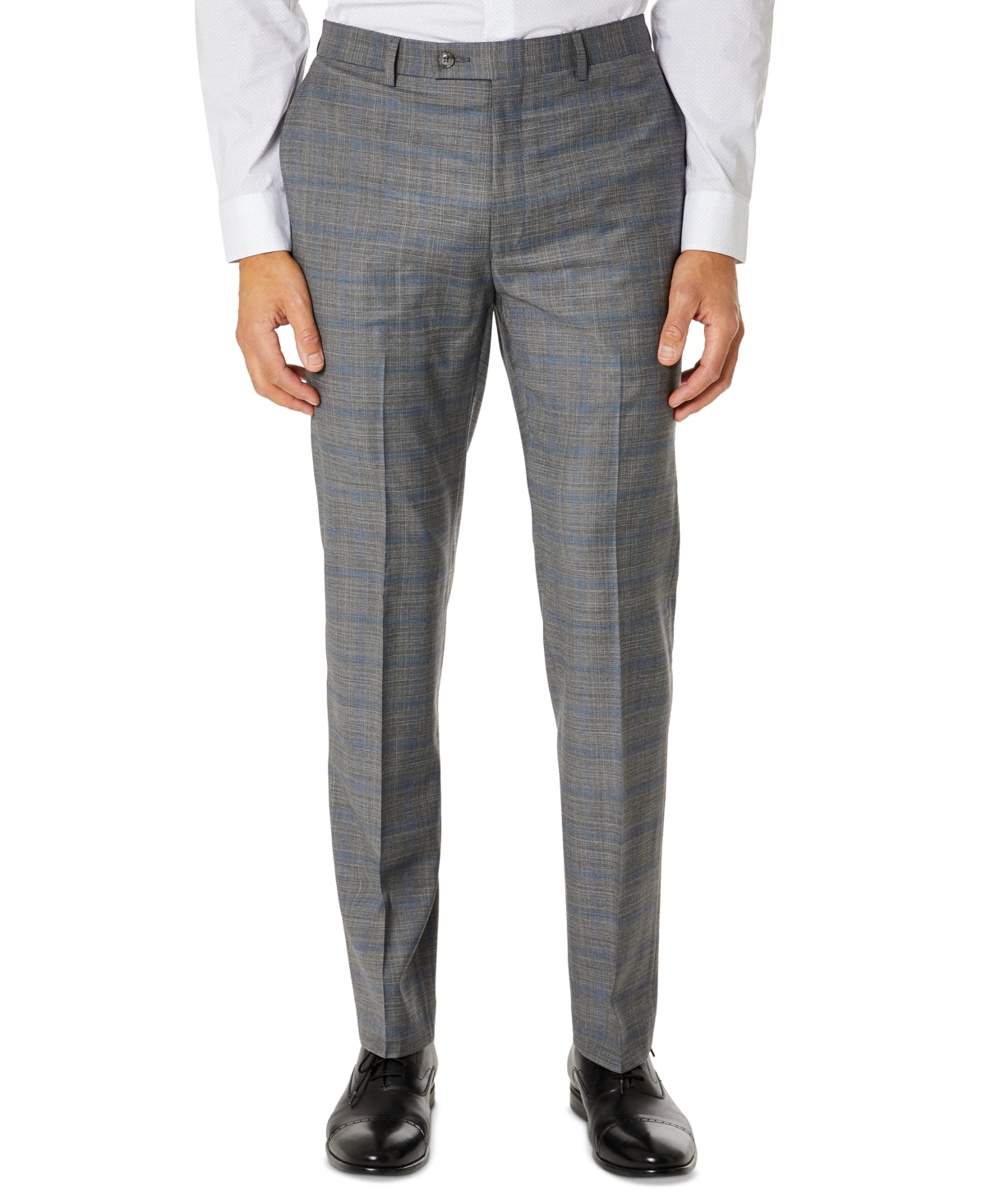 Men's slim-fit plaid suit pants, gray-blue grid pattern, belt loops and front crease