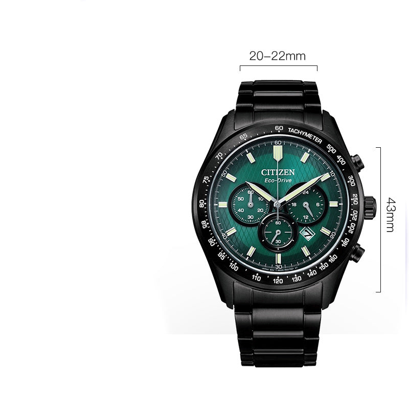 Men's chronograph watch with green dial and black metal bracelet, 20–22mm.