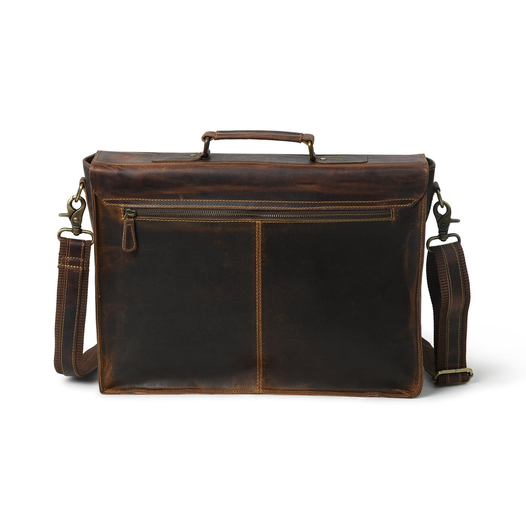 Brown leather briefcase front view with top handle, side handles, and zip pocket trim.