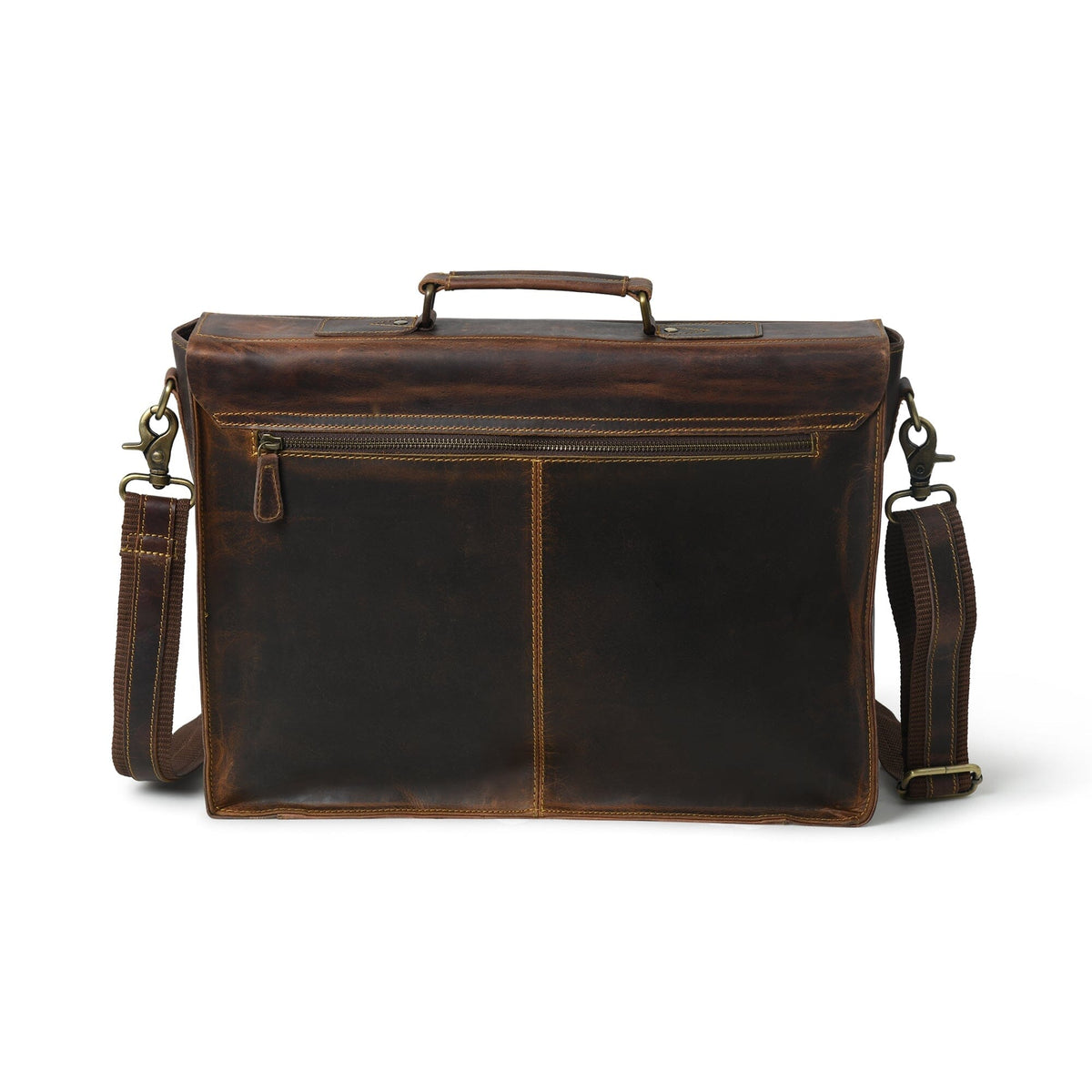 Brown leather briefcase front view with top handle, side handles, and zip pocket trim.