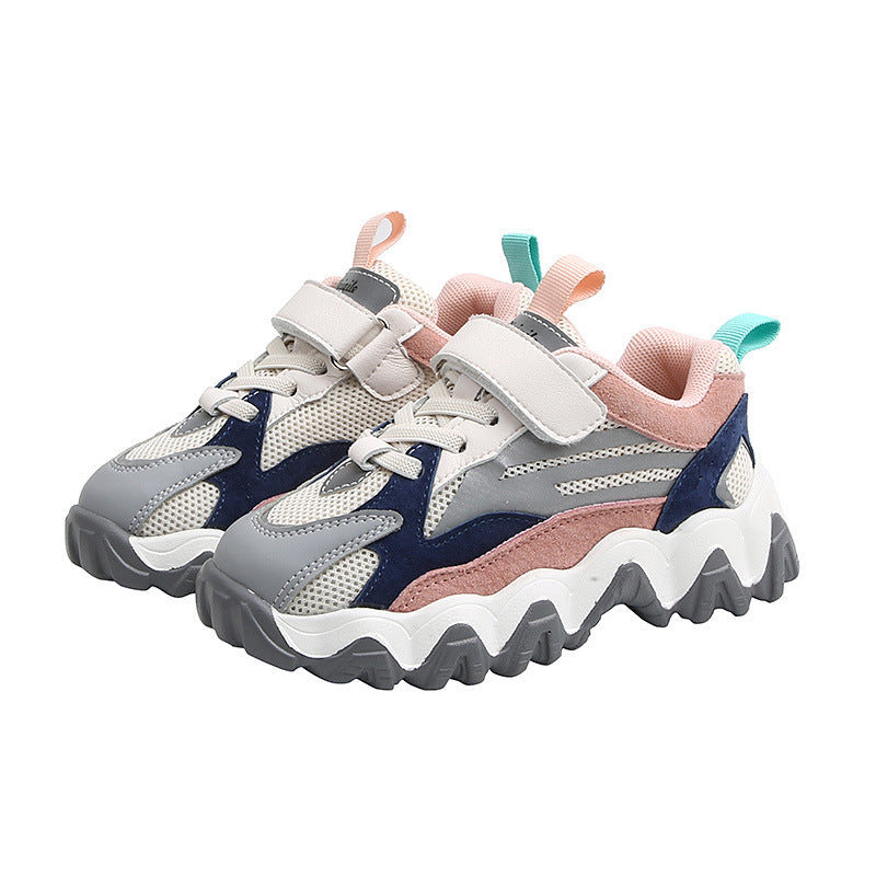 Chunky velcro sneakers in light grey and navy with blush pink and hook-and-loop straps