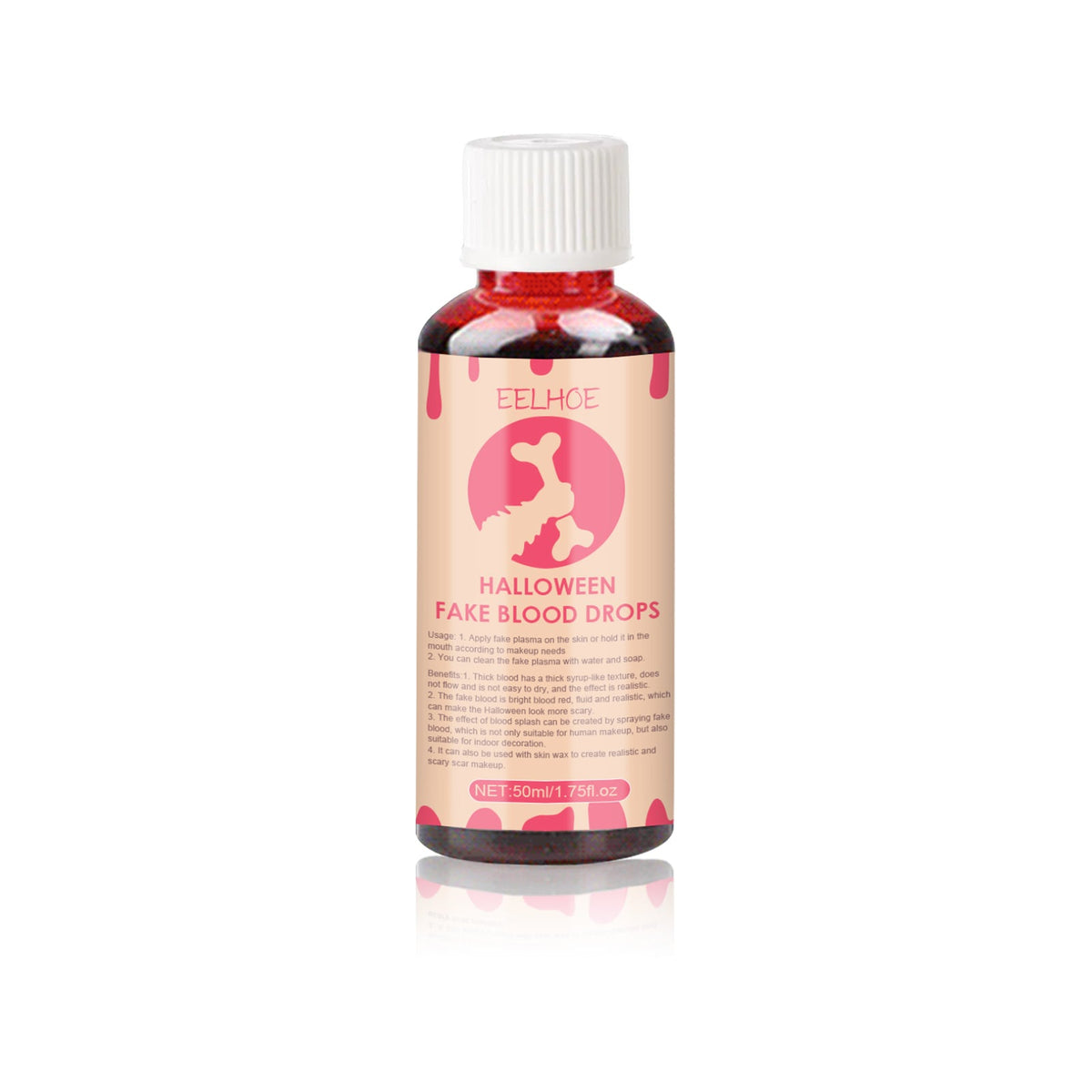 Halloween fake blood drops bottle with white cap and red liquid, angled front view