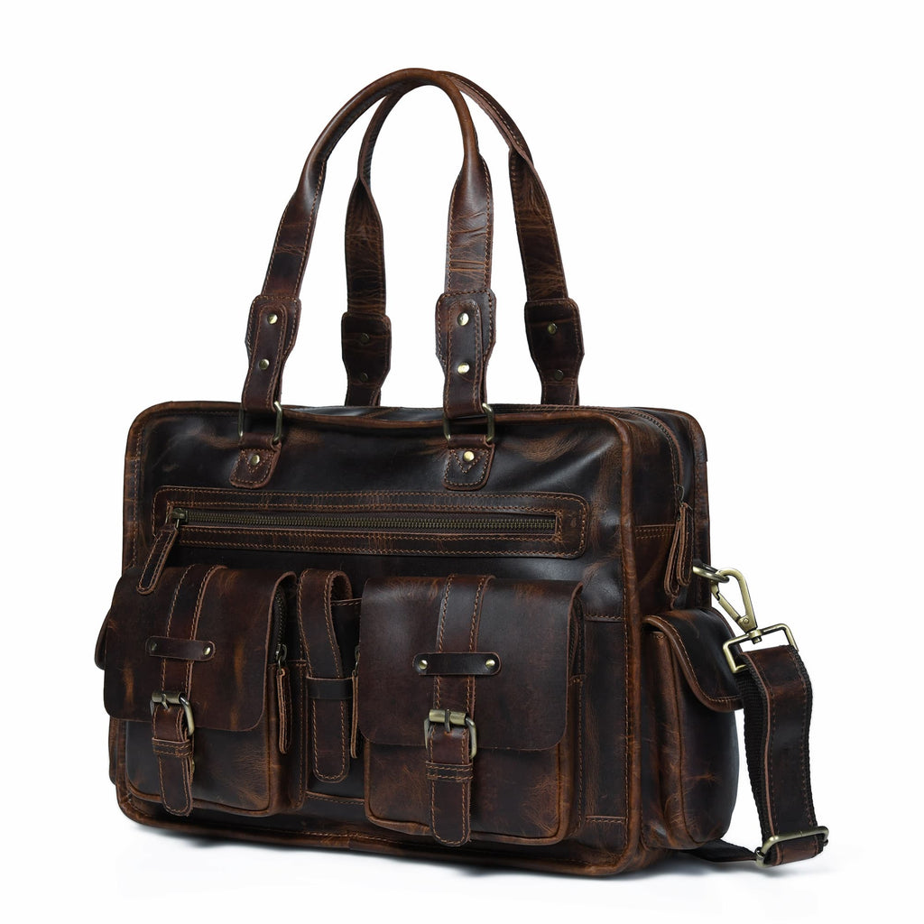 Dark brown leather briefcase with front organizer pockets, zip top, and shoulder strap.