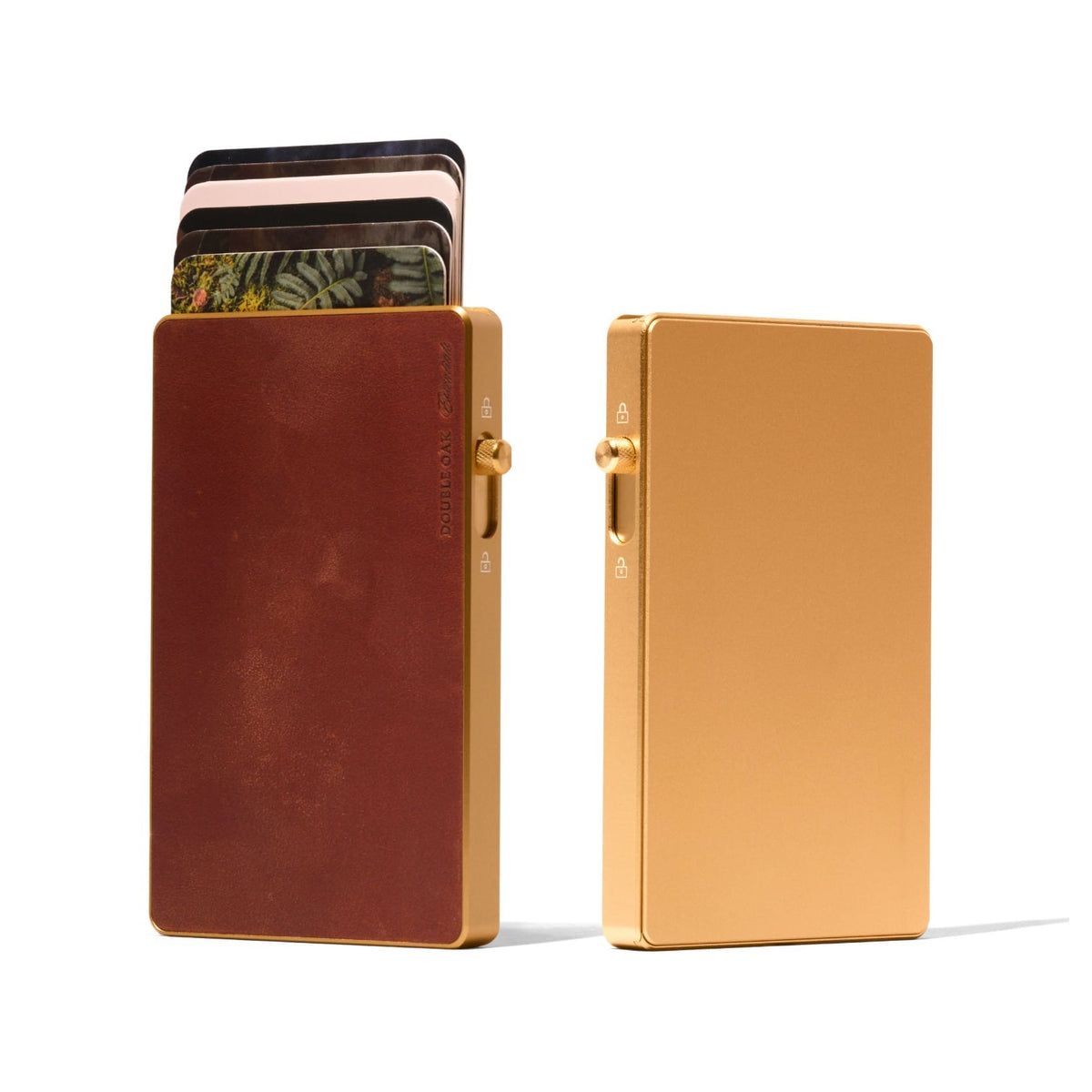 Brown leather mod wallet with gold-tone metal frame and card slots