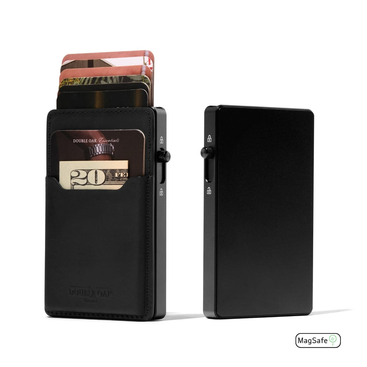 Black leather cardholder wallet with gold-toned metal back and MagSafe.