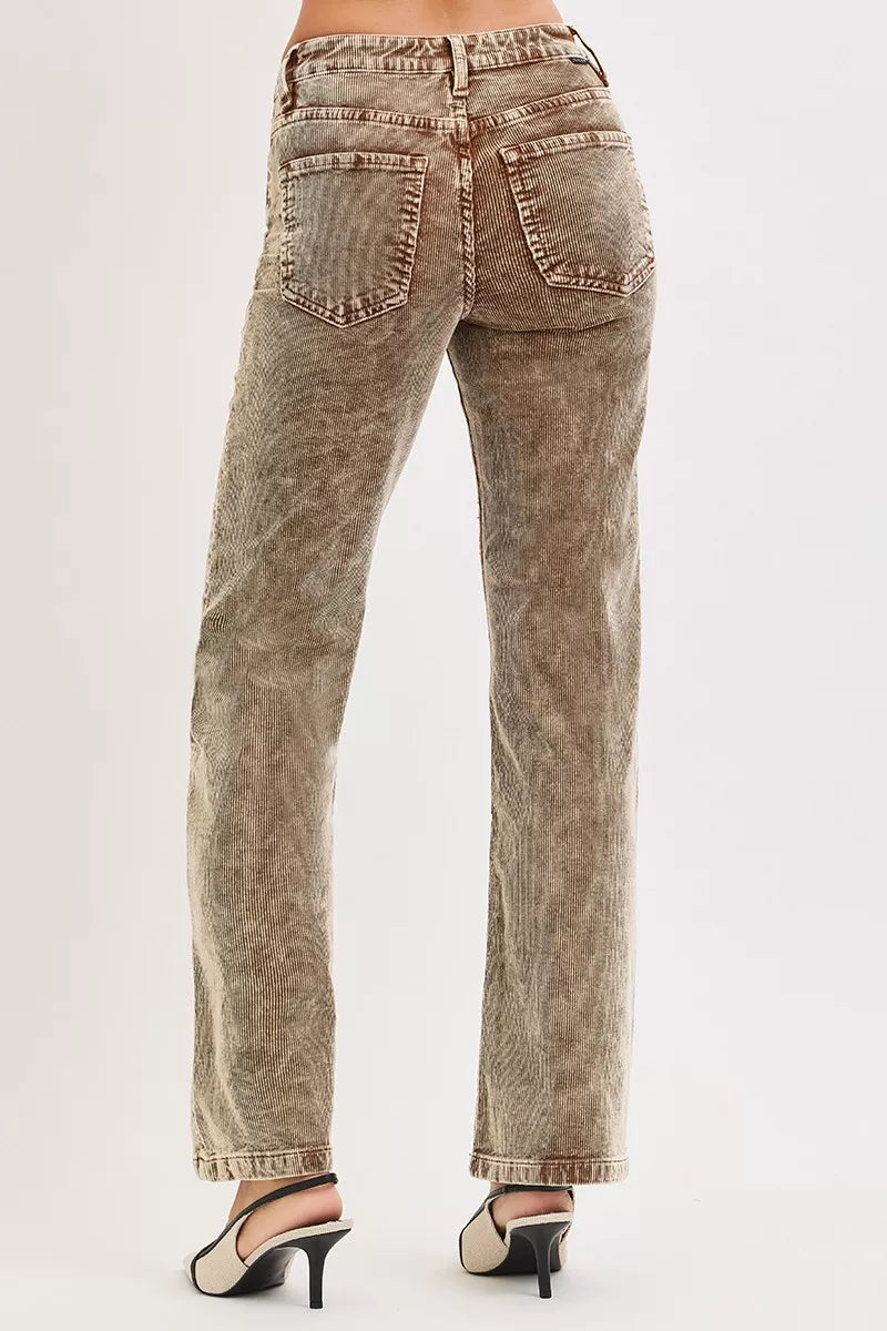 Mocha corduroy straight-leg pants with back yoke and two back pockets