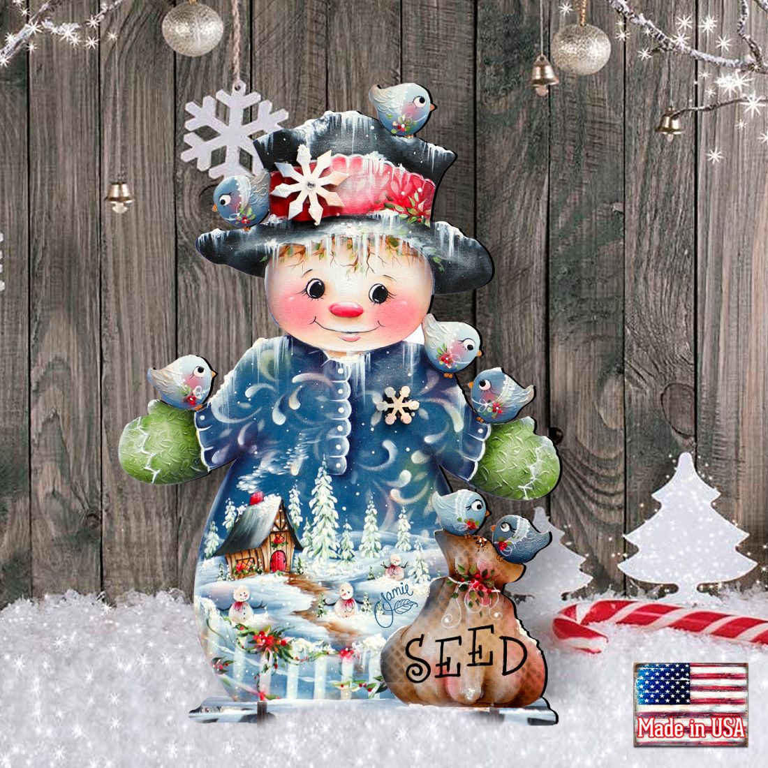Christmas yard sign snowman with birds and 'SEED' basket, snowflake hat band