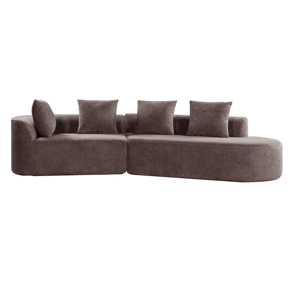 Brown curved sectional sofa with five back cushions and clean, rounded armrests