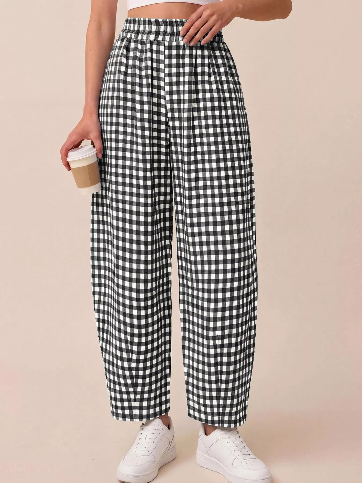Black gingham wide-leg pants with elastic waist and full loose leg opening