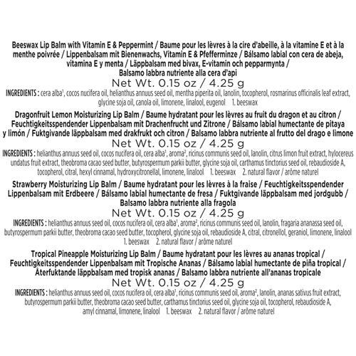 Lip balm set ingredient and net weight information text panel