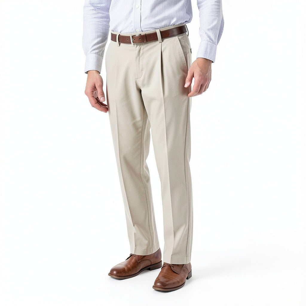 Men's light grey relaxed casual trousers with pleated front, straight leg, zip fly