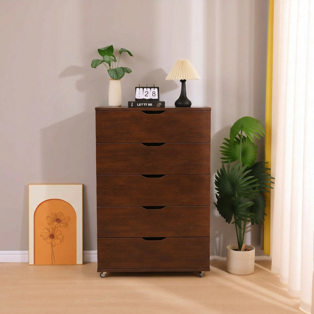 Front view of a dark brown five-drawer dresser on caster wheels