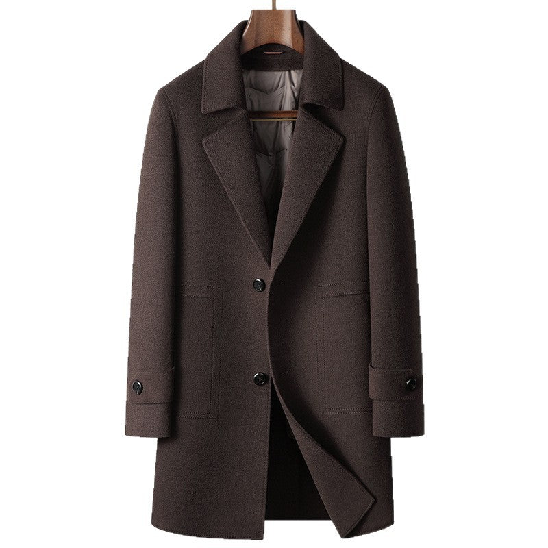 Men's mid-length wool coat with detachable quilted inner, dark brown, double-breasted
