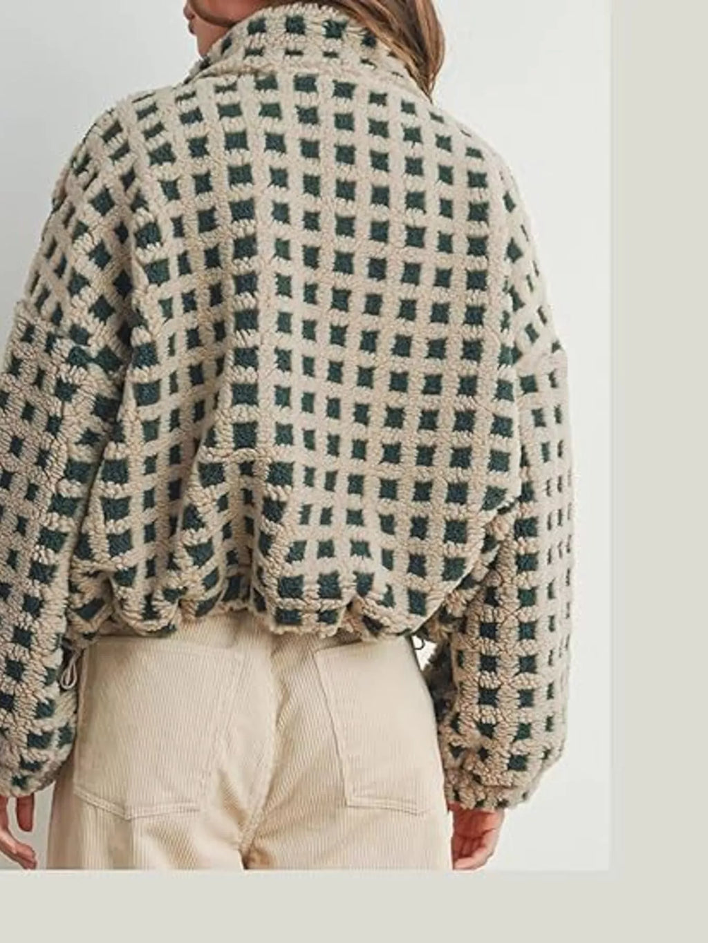 Army green plaid sherpa zip-up jacket, back view with stand collar and textured pattern