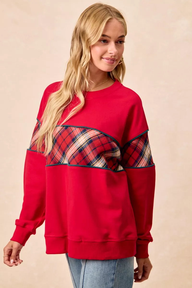 Red plaid block sweatshirt with teal-lined plaid yoke, crew neck, long sleeves