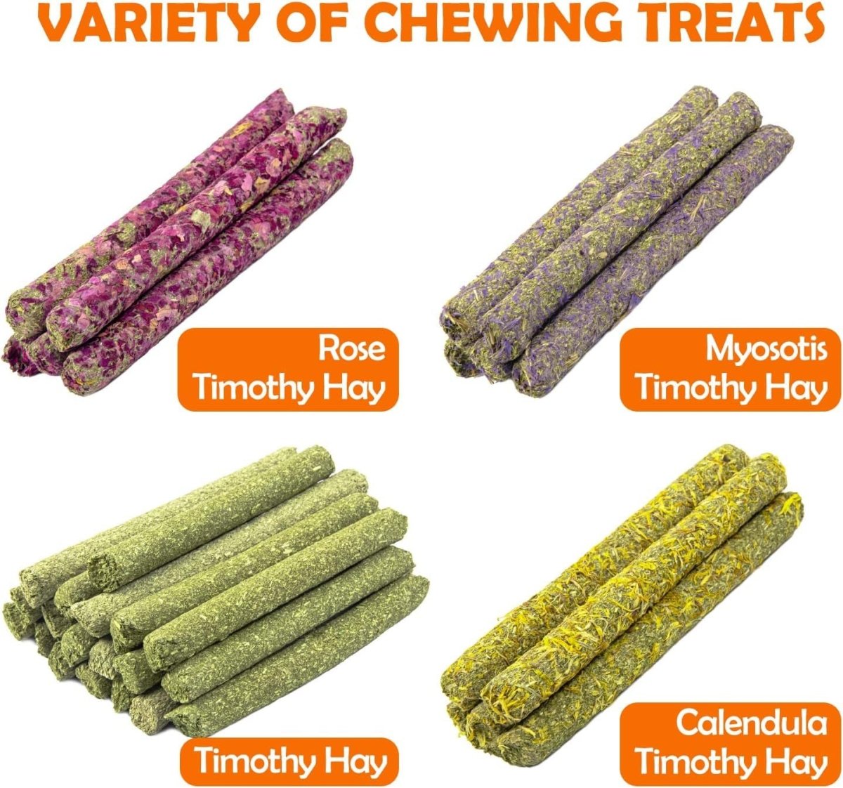 Colorful rolled hay chew sticks assortment in purple, green, and yellow tones