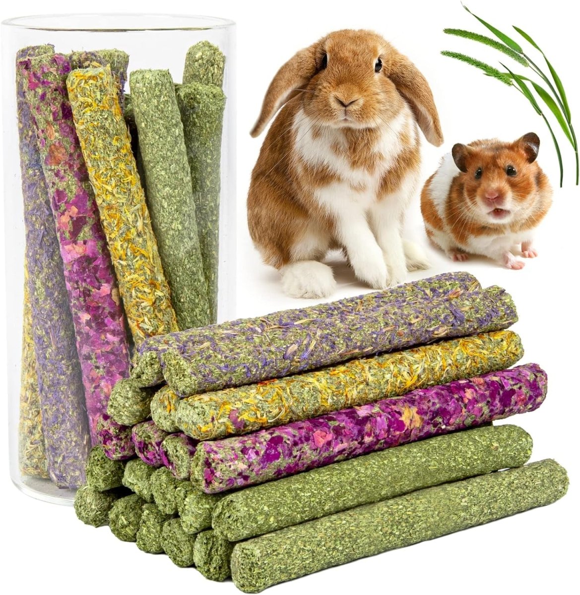 Pack of natural hay chew sticks in purple and green bundles, rabbit and small pet toy
