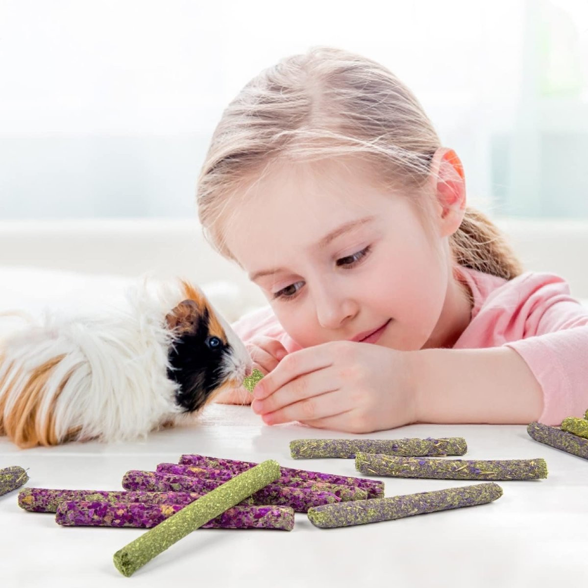 Hay chew sticks on a surface with a child and small pets in view