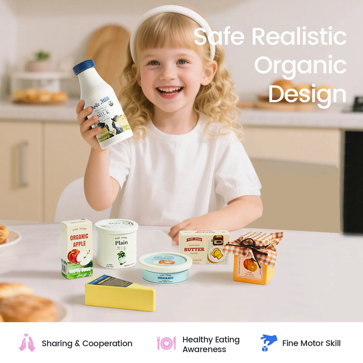 Toddler holding a pretend whole milk bottle with organic dairy play food on table