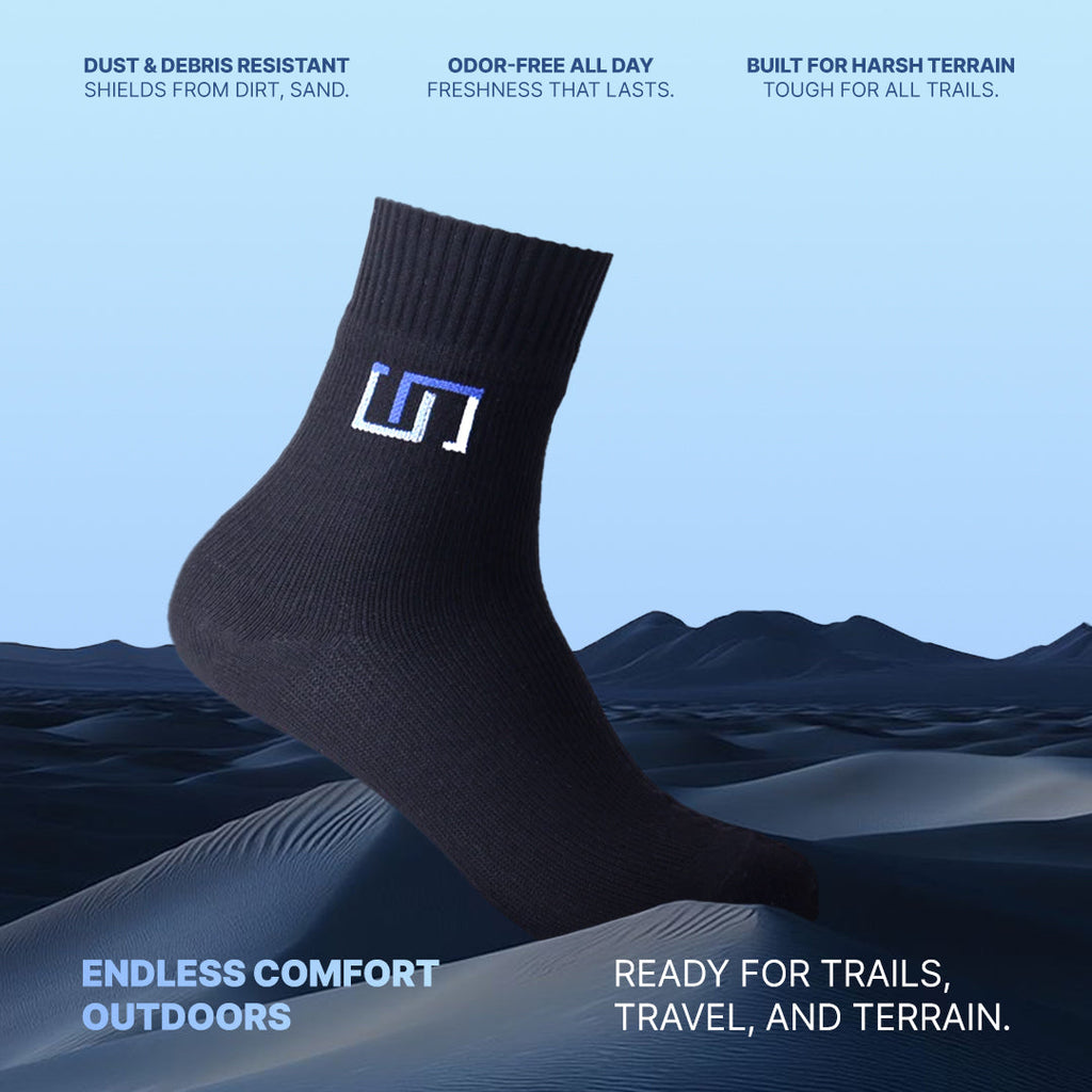 Black crew socks with blue logo patch, single sock shown
