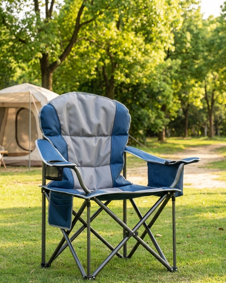 Lake blue folding camping chair with armrests and padded backrest, outdoor-ready
