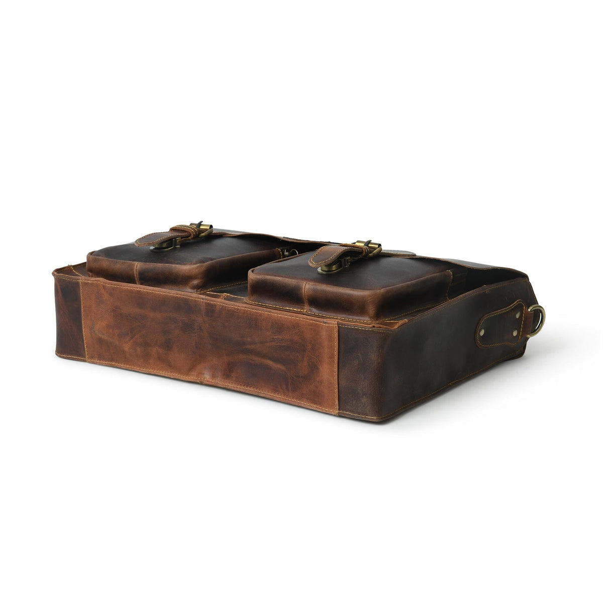 Brown leather briefcase angled view with handle on top and corner hardware details.
