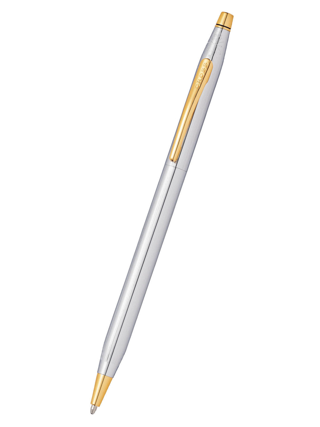 Cross ballpoint pen with silver barrel and gold accents, pointed tip
