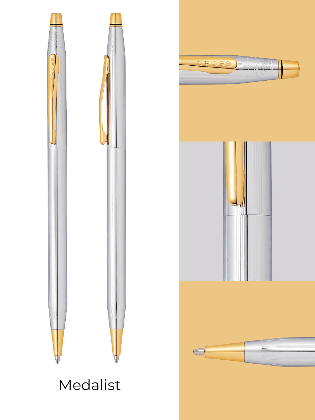 Set of two Cross Medalist ballpoint pens, silver barrel with gold details