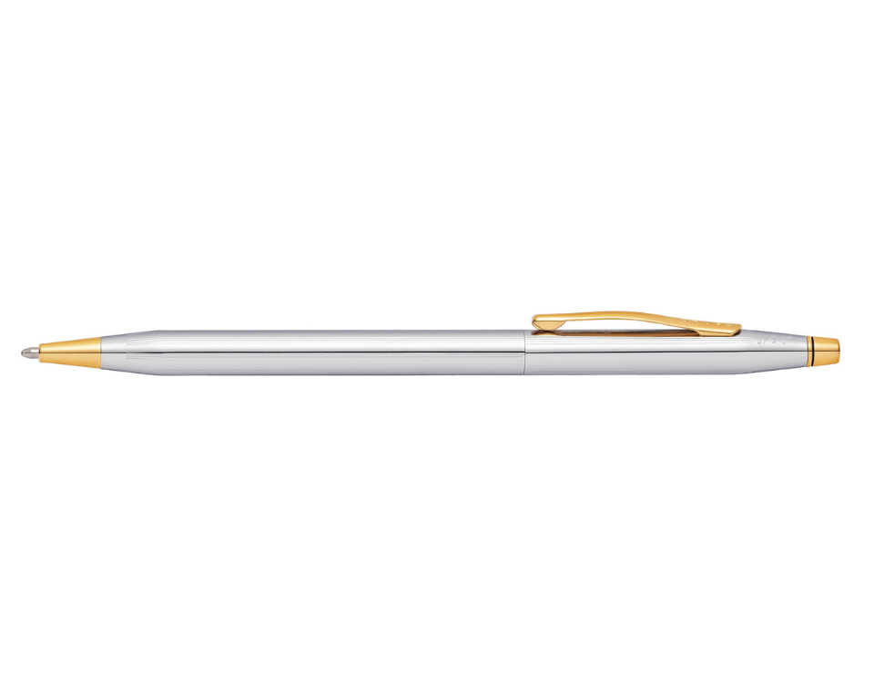 Cross ballpoint pen with silver barrel, gold clip, and pointed tip