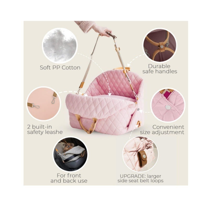 Pink quilted pet carrier with built-in safety leash and side storage pocket (diagram)