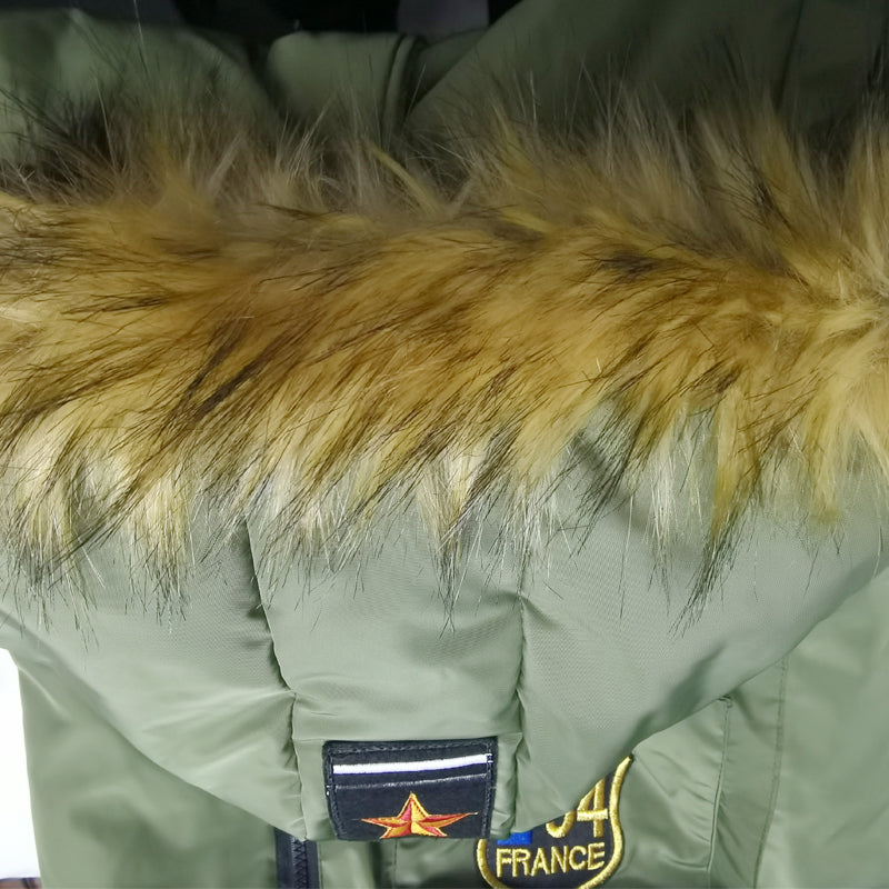 Faux fur hood dog jacket detail with France patch and star badge
