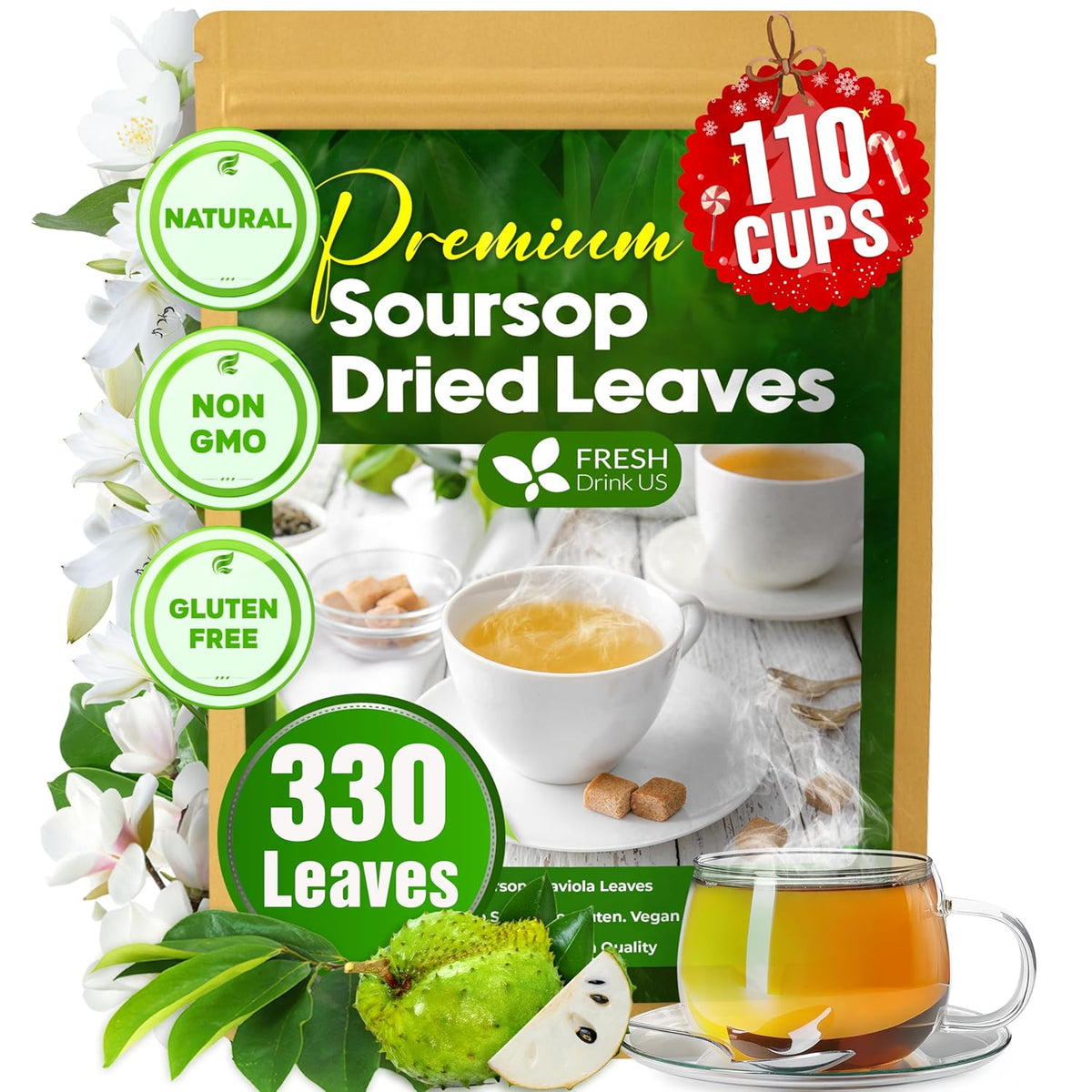Green soursop dried leaves pouch, 330 leaves with teacup and dried leaves