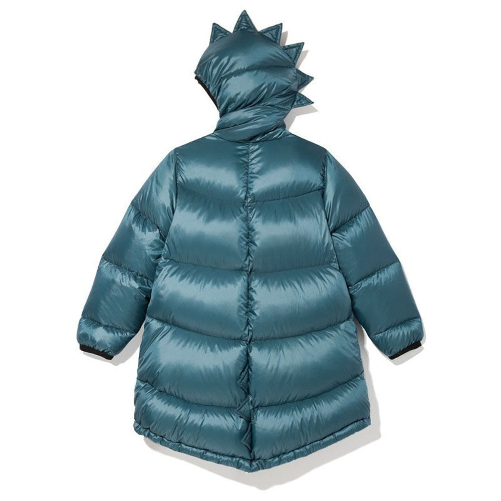 Teal-blue hooded puffer jacket with full zipper, side pockets, and spiked dinosaur hood