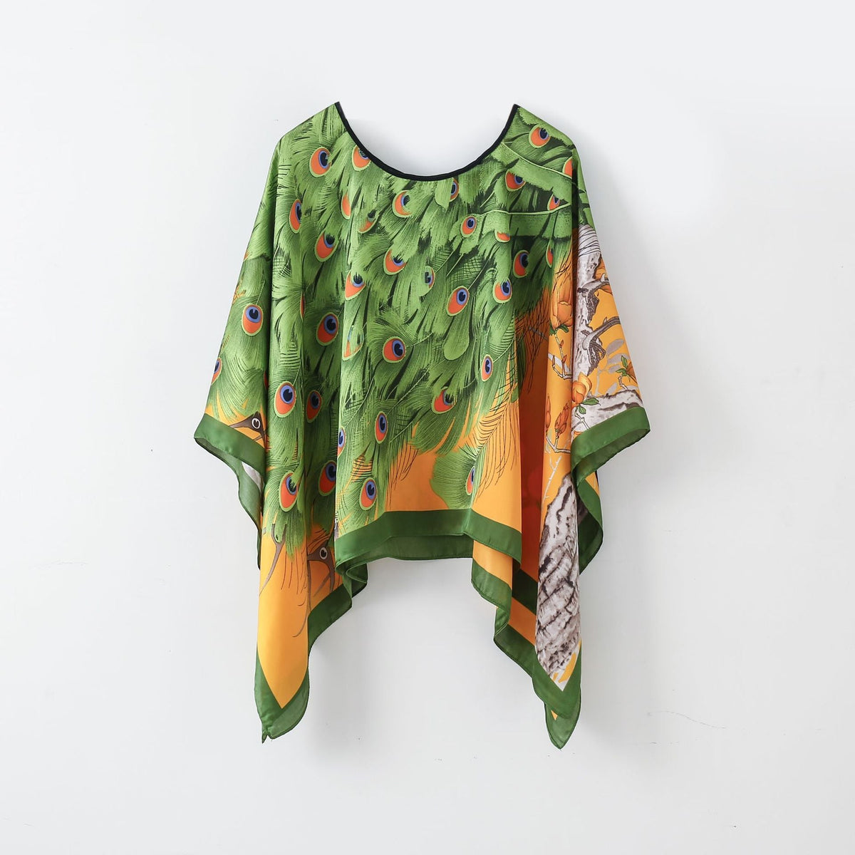 Women's peacock print pullover shawl with batwing sleeves, green and orange