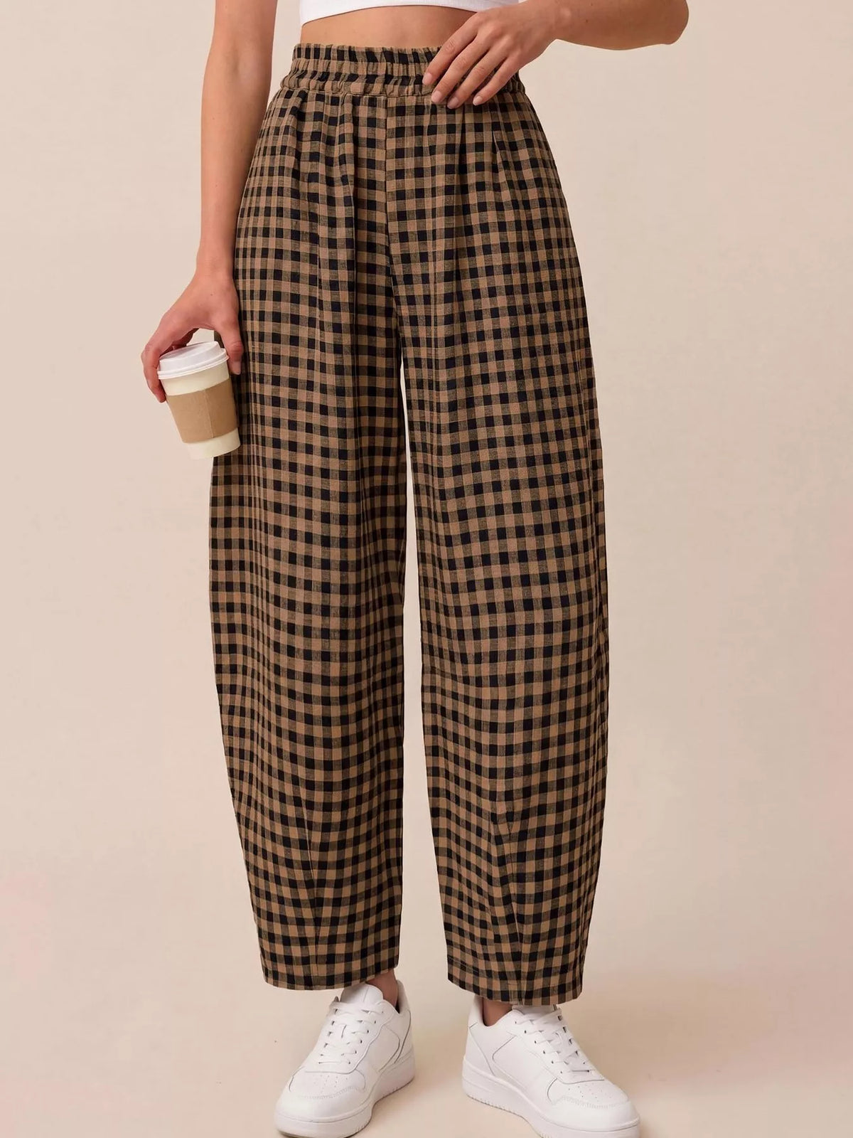 Caramel gingham wide-leg pants with elastic waist and roomy straight legs