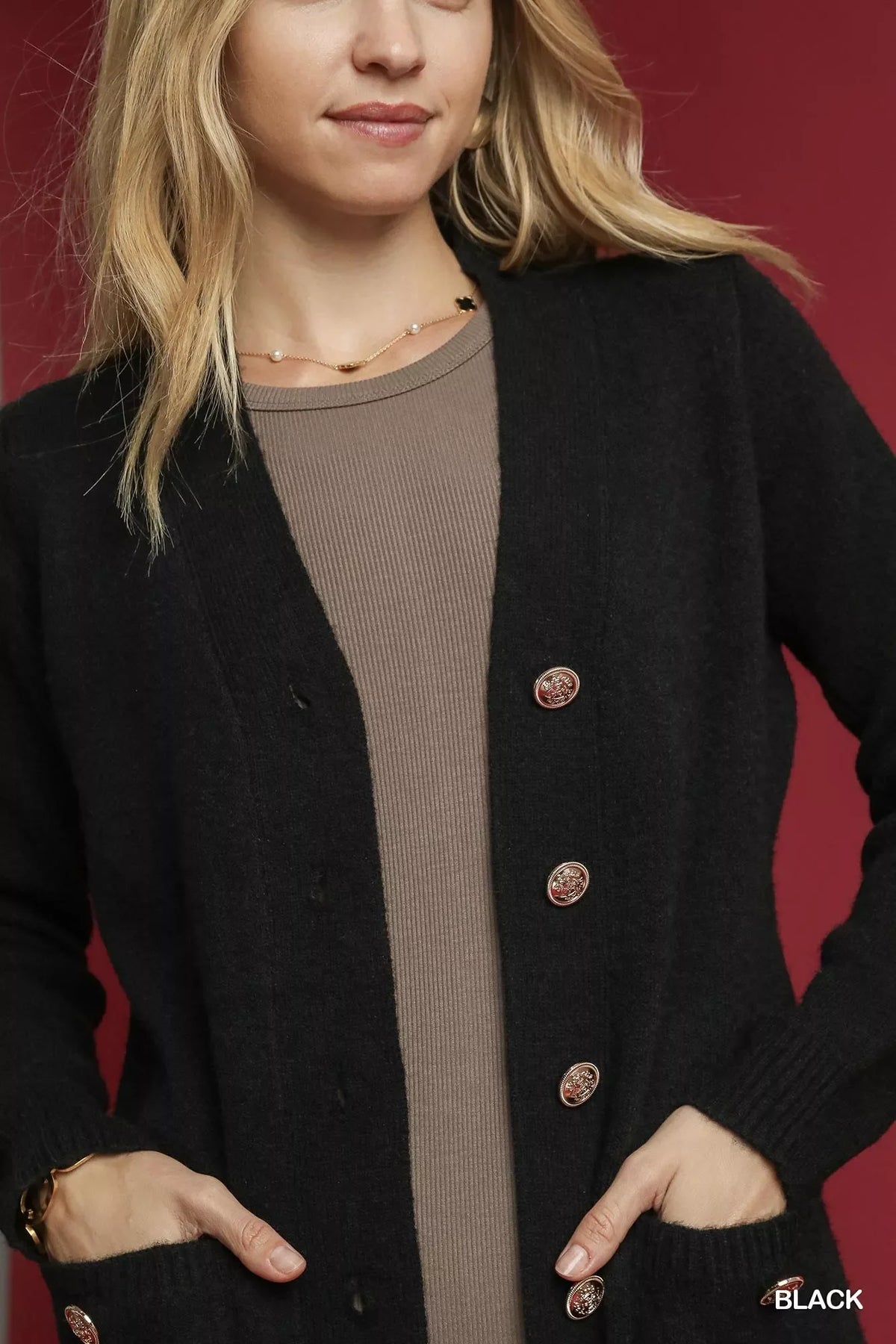 Black sweater cardigan close-up of button-front placket and knit texture
