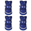 Blue pet ski boots shown from multiple angles, with white-trim rubber soles and hook straps