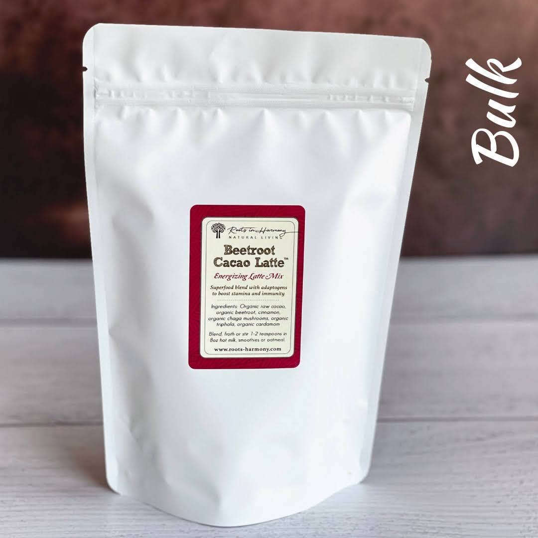 Beetroot cacao latte mix pouch, white bag with small label