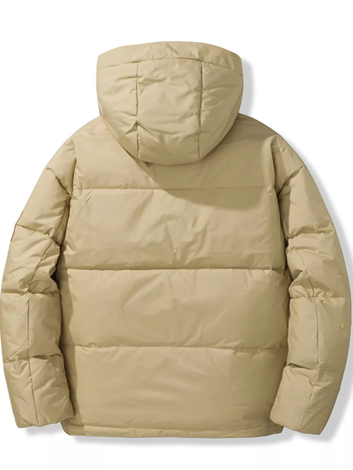 Men's plus-size khaki padded hooded puffer jacket back view with quilted insulation
