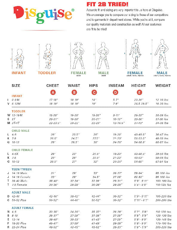 Disguise size chart with height and weight ranges for infant, toddler, child and adult