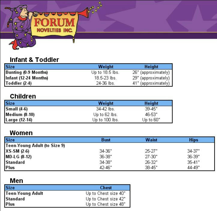 Infant, toddler and children size chart showing weight and height for this costume.