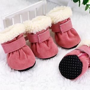 Waterproof winter dog boots, rose pink with white sherpa lining and adjustable strap