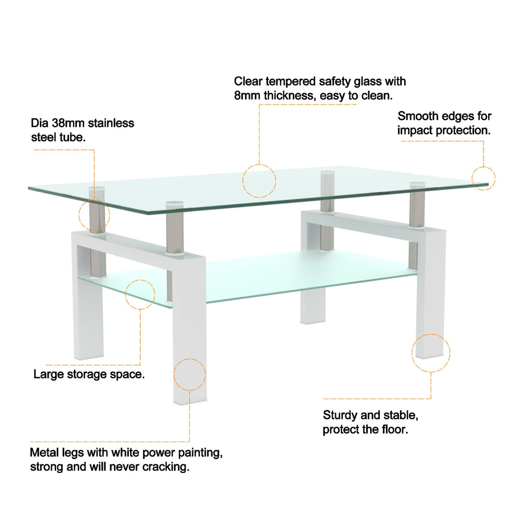 White glass coffee table diagram showing tempered glass thickness and metal legs