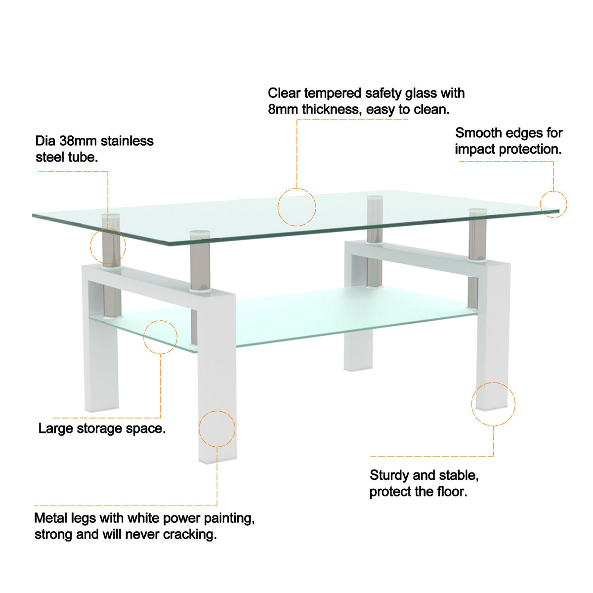 White glass coffee table diagram showing tempered glass thickness and metal legs