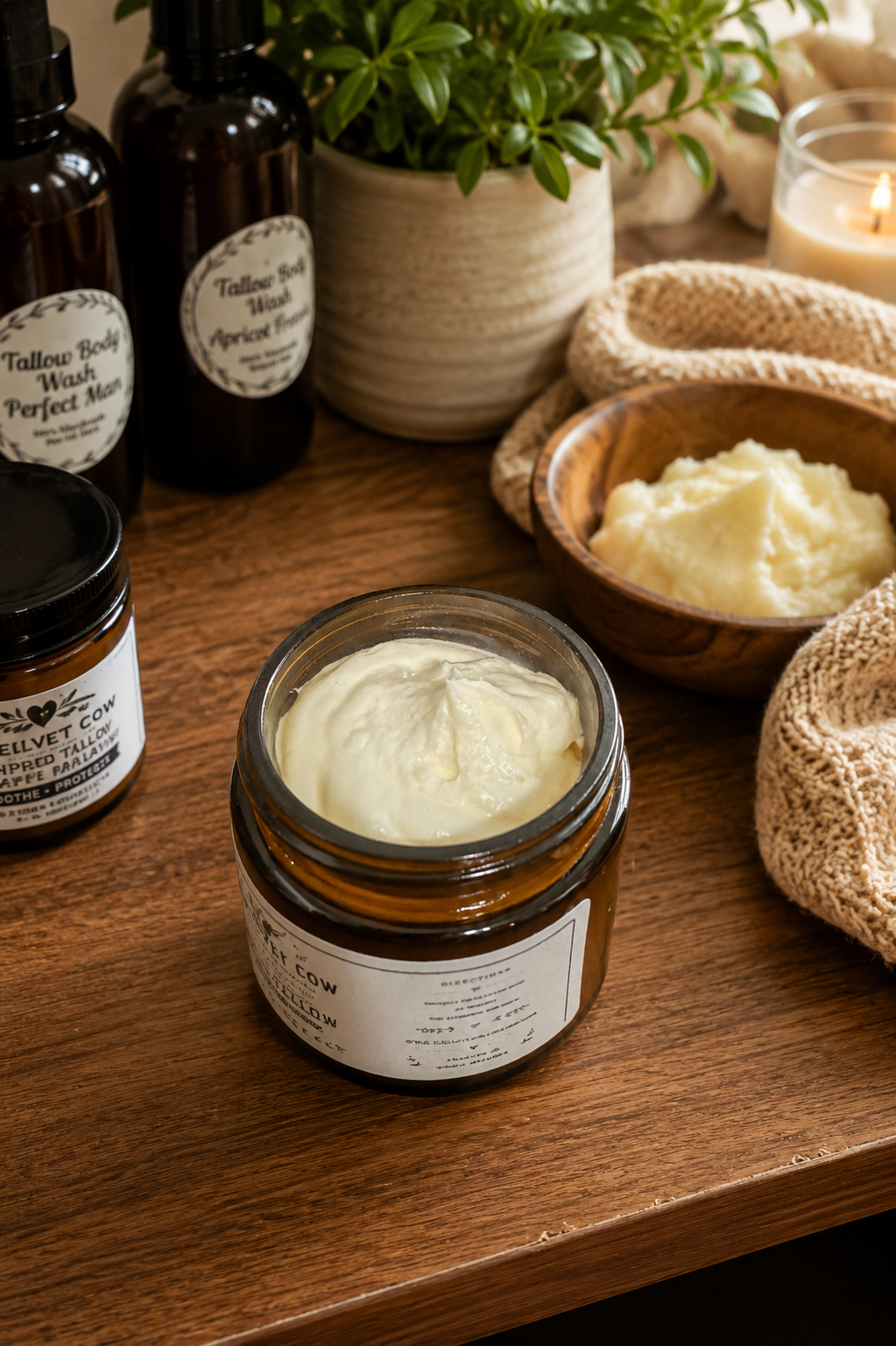 Whipped tallow body butter jar with white cream swirl on a wood countertop