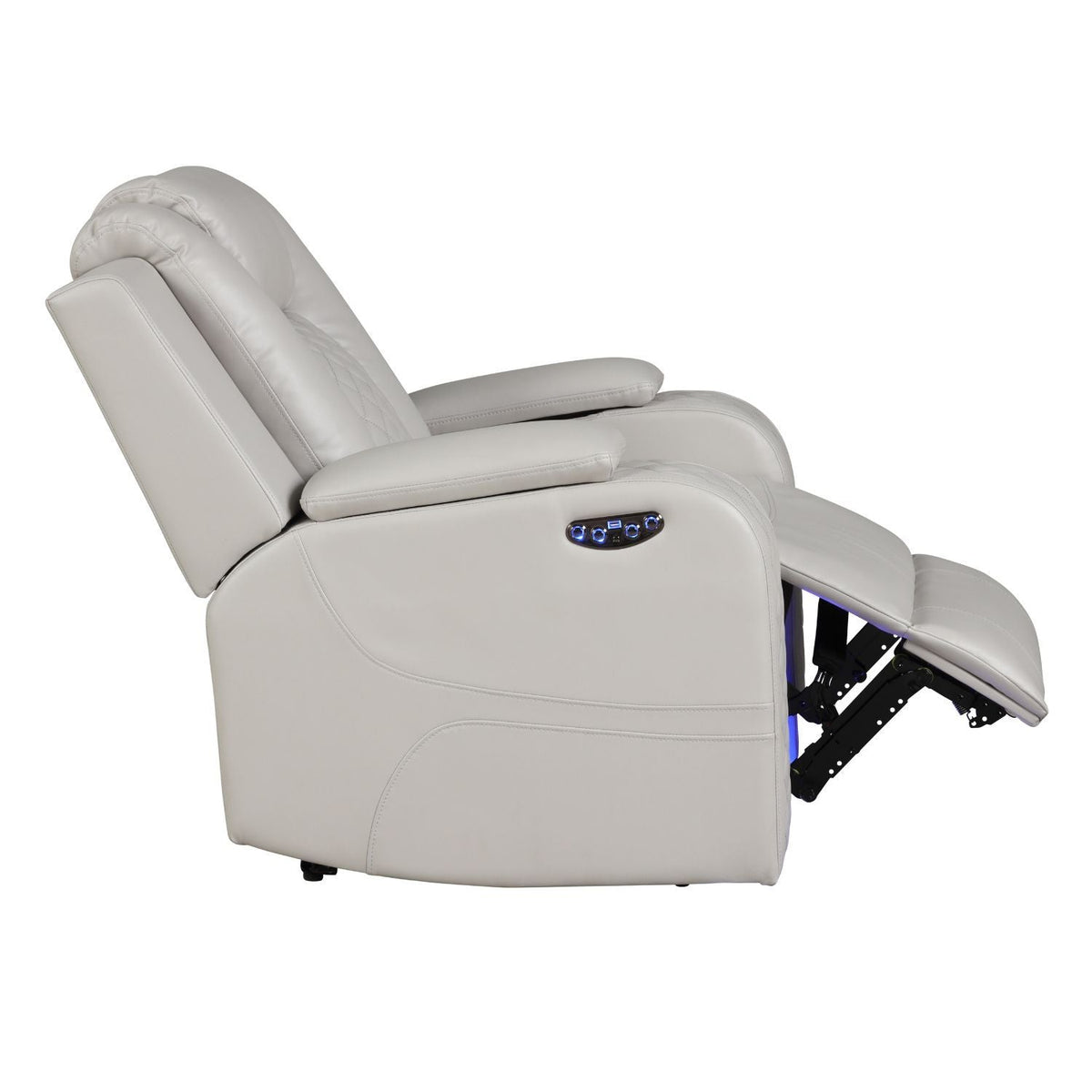 Beige LED power recliner chair reclined with extended footrest and side control panel
