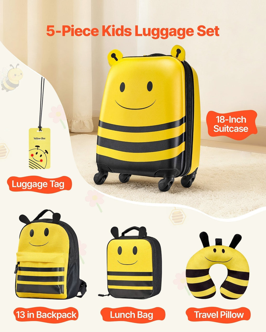 Kids bee hardside rolling suitcase set with matching backpack, lunch bag, and travel pillow