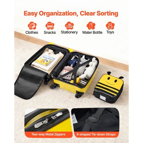 Bee kids luggage set shown with open suitcase and small matching accessories