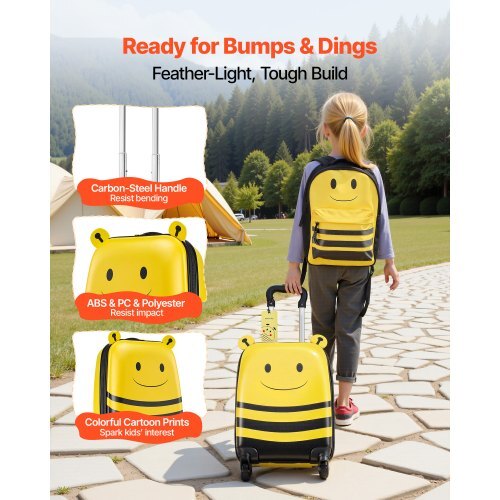 Bee kids suitcase set with hardshell body and matching backpack, lunch bag, and pillow